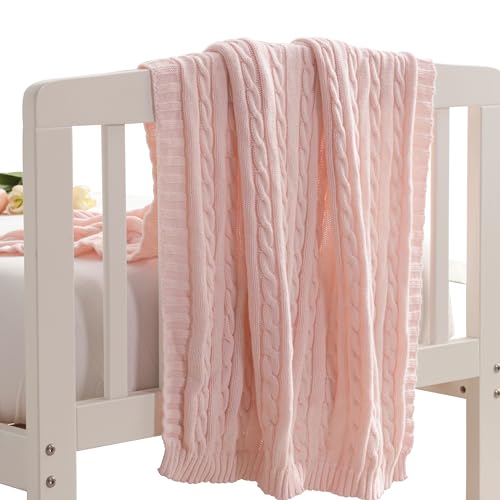 Image of NTBAY 100% Pure Cotton Cable Knit Toddler Blanket, Super Soft Warm Breathable 30x40 Baby Blanket for Crib, Stroller, Nursery, Travel, Newborn, 30x40 Inches, Baby Pink