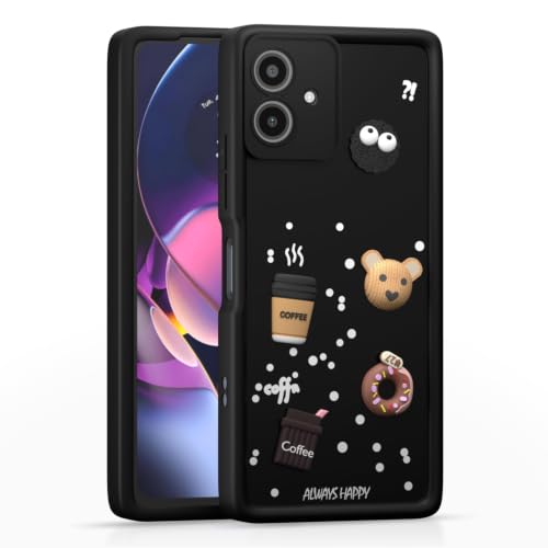 Image of Bintage Cute Fun Ball | Taddy Cartoon 3D Smiley Coffee Cup | Milk Donut | Full Protection Rubber Back Cover Compatible for Motorola G64 5G - Black