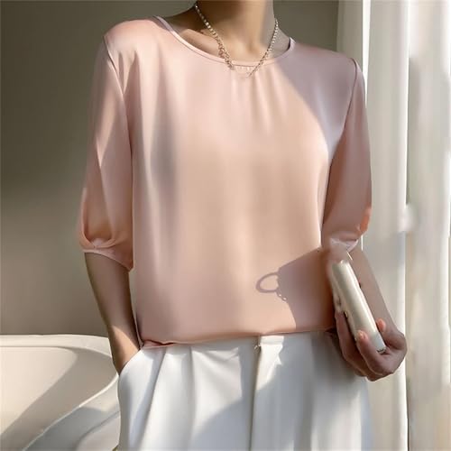Women's Half Sleeve Loose Satin Blouses Summer Round Casual Neck T-Shirt3