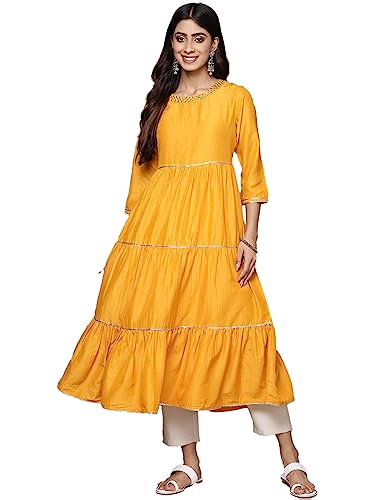 Image of ishin Women's Silk Embellished Yellow Anarkali Kurta