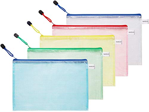 KATEVO Zipper File Bags, Pack of 5, 5 Colors Zippered Water-Resistant PVC Bag Storage Pouch for Women, Men Organizer Document, Business Receipts, Cosmetics, Travel Accessories (A5 9.4''x6.9'')