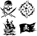 Pirate Decals 4 Pack: Skull and Swords, Ship, Flag, Compass (Black, 3.5')