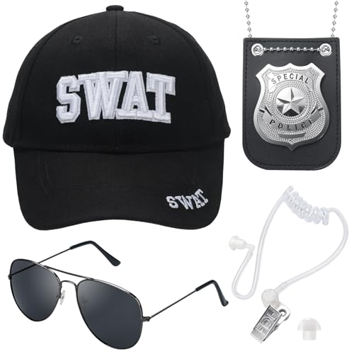 ERDOGLY Swat Hat Police Adjustable Black Baseball Cap with Cop Badge Secret Service Earpiece and Sunglasses 3D Embroidered Cop Hat for Adults Men Women Police Officer Costume Accessories