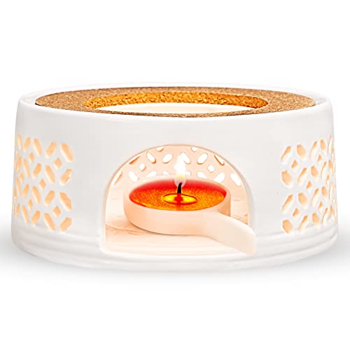 Splonary Stövchen für Teekanne, Stövchen Porzellan Weiß Hohl Geschnitztes Design Teekanne Stövchen, Teekanne Wärmer aus Keramik Mit Korkmatte Teewärmer Geeignet zum Erhitzen von Tee und Kaffee Cover