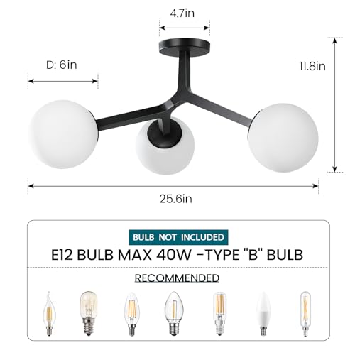 Image of Semi Flush Mount Ceiling Light Fixture 3-Light Black Modern Gold Chandelier with Globe Milky Frosted Glass Shade E12 Sputnik Ceiling Light for Kitchen, Hallway Light Fixtures Ceiling