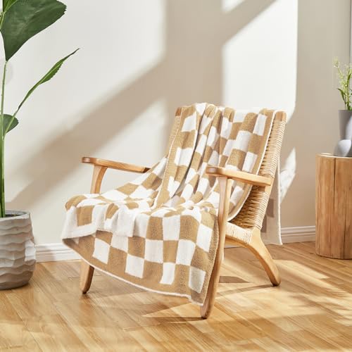 Image of CozeCube Beige White Reversible Checkered Knit Throw Blanket 60 inchx80 inch