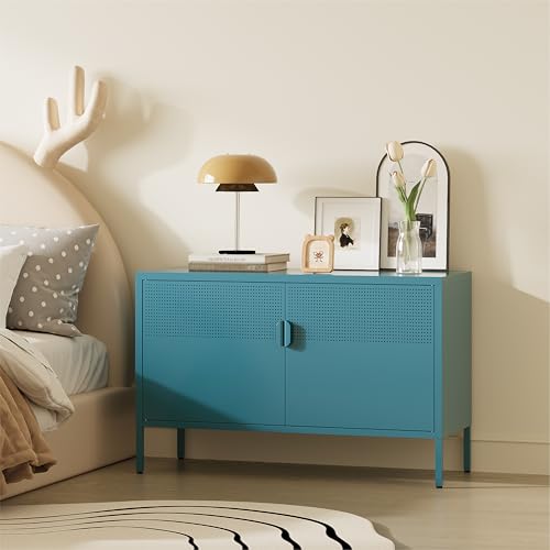 Image of Metal Storage Cabinet,2 Door TV Stand, Metal Mesh Accent Cabinet