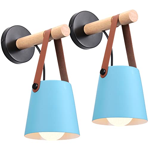 iDEGU 2 Piezas Lámparas de Pared Retro Aplique de Pared Interior en Madera y Metal Iluminación E27 Moderno Luz de Pared Colgante para dormitorio pasillo Sala de Estar (Azul)