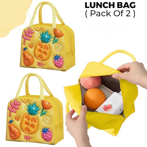 Image of Kraptick Compact & Stylish Design Printed Tiffin Bags for Children Insulated Lunch Bag for Kids Perfect Leakproof Keeps Hot and Cold Lunch Bag for School (Yellow Pineapple) (Pack of 2)