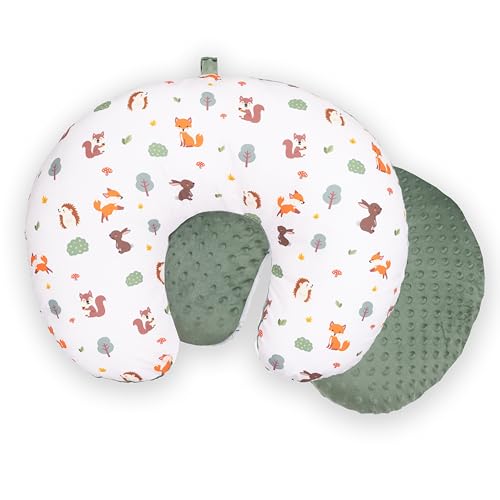 Image of Double-Sided Baby Nursing Pillow Cover Set - 2 Pack - Soft Unisex Breastfeeding Woodland Pillow Cover for Girl & Boy with Hanging Loop - Multipurpose Washable Slipcover Case with Waterproof Liner