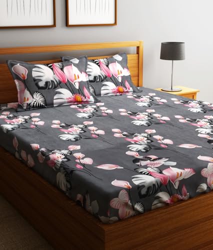 Image of Fashion String 144TC Microfibre Tropical Floral Print Charcoal Grey Double Bedsheet with 2 Pillow Covers