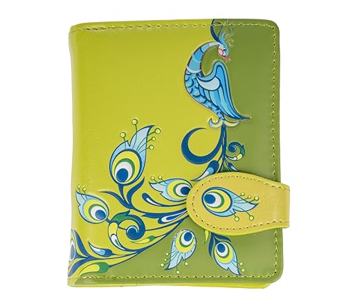 Shag Wear Women's PU Vegan Leather Colorful Slim Trendy Small Bifold Wallet with 4 Credit Card Slots, 1 Zippered Coin Pocket, and Clear ID Window (Peacock, Green)