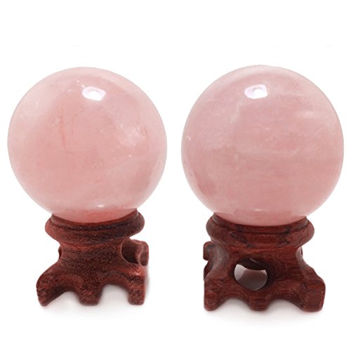 Polar Jade Set Of 2 Rose Quartz Crystal Balls With Stands, 45Mm / 1.8 Inch Diameter, For Scrying, Decoration, Healing, Meditation, Feng Shui, Hand-Made #TOP26