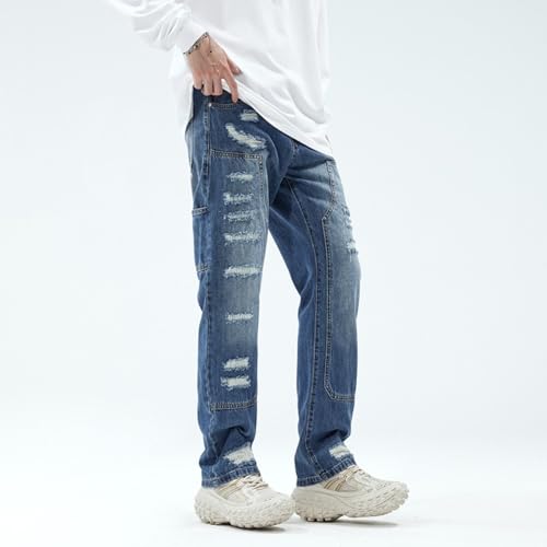 Jeans Pants Trousers Denim Spring and Autumn High Street Ripped Men's Patches Trendy Loose Washed Retro Slimming4