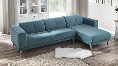 Bobochic LUNA Canapé d'Angle Droit Fixe 3 places avec Pouf Bleu Canard, 308 x 166 x 75 cm