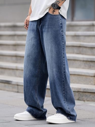 Image of DFGIGT Mens Baggy Jeans Wide Leg Denim Pants Y2k Loose Fit Streetwear | Hip Hop,Vintage 2000s,Jinco Jeans,Straight Leg,5 Pockets
