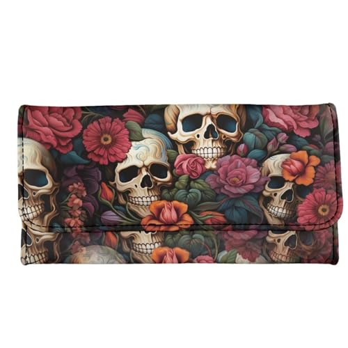 Image of AFPANQZ Skull Red Rose Print Long Clutch for Ladies Girls Multi Card Holder Slots Wallet Leather Wallet Zip Travel Purse Big Capacity Phone Holder Coin Zip Pocket Multi Card