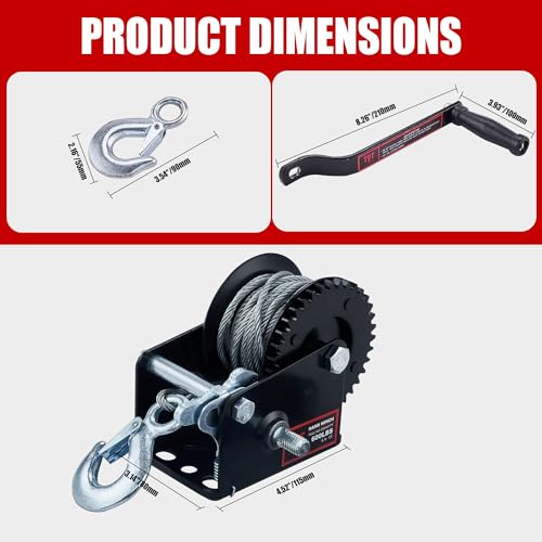 TYT 600lbs Boat Trailer Winch with 6M Steel Cable Wire, Hardened Steel Gear Heavy Duty Hand Winch, Operated Two-Way Ratchet Manual Winch, for ATV SUV UTV Marine Winch (600lb with Cable Black Winch)