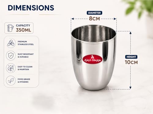 Image of Ajay's Shoppe Stainless Steel Drinking Glass Set of 6, 350 ml, 10 x 8 cm, Kullad Shape Steel Tumblers for Water, Juice & Lassi, Food Grade, Rust-Resistant