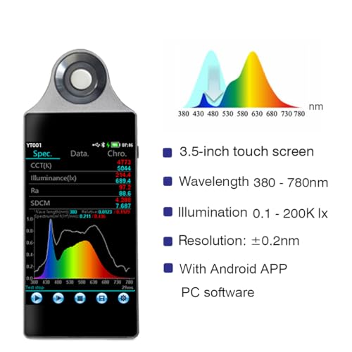Handheld Spectrometer Spectrophotometer, Wavelength CCT CRI Light Meter, 3.5" Touch Screen, PC/Android App, PDF/CSV Export for LED Test, Lighting Design, Photography