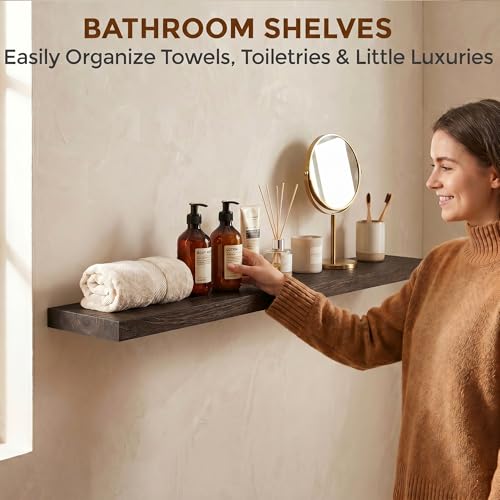 Image of Dreamland Rustic Elm Wood Floating Shelves for Wall Decor, 48 Inch Long Wooden Floating Shelves Wall Mounted, 8 Inch Deep Wall Shelf for Bathroom, Living Room, Kitchen, Bathroom, Walnut