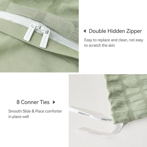 Image of JELLYMONI Seersucker Duvet Cover Set King, 3pcs Light Green Polyester | In Spacious Master, Couples & Pets, Crinkled Texture, Oeko-Tex Certified, 8 Corner Ties & Hidden Zipper