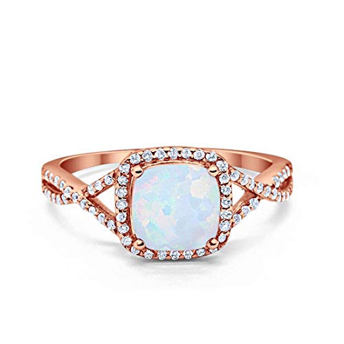 Halo Infinity Shank Engagement Ring Cushion Created White Opal Round Cubic Zirconia Rose Tone 925 Sterling Silver, Size-7