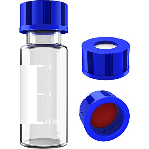 Image of 2mL Autosampler Vials, 9-425 HPLC /GC Clear Vials with Screw Cap, 500 Pcs | 2mL HPLC Vials with Writing Area and Graduations, Screw Cap, Red PTFE & White Silicone Septa