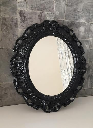 Espejo de pared decorativo ovalado, 45 x 38 cm, estilo rococó antiguo, estilo rococó, decoración de pared, estilo rococó, espejo antiguo para salón, pasillo, renacentista, color negro