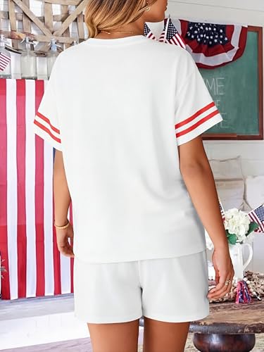 Image of VILOVE 4th of July 2 Piece Sequin Outfits Women Star Stripe Shirts and Short Sets Casual Patriotic Shirt Summer Set