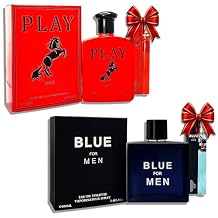 Blue For Men & Play Red, 04-Piece Set Cologne for Men, 2x100ml & Mini Perfume 2x35ml, Eau de Toilette, long-lasting cranberry, sage & pink pepper notes for daytime, Travel perfume bottle, fragrances