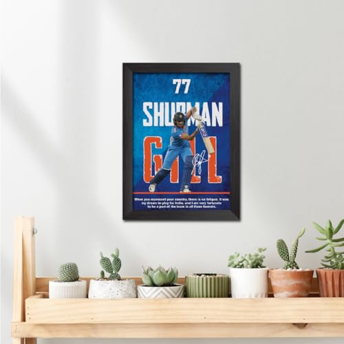 Image of TenorArts Shubhman Gill Poster with Quotes Indian Legend Cricket Player Photo Frame Painting with Matt Finish Black Textures (12 inches x 9inches)