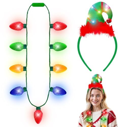 Blowata Christmas Light Up Headband and Necklace with 3 Flashing Modes, LED Christmas Bulb Lights Necklace and Xmas Party Favor