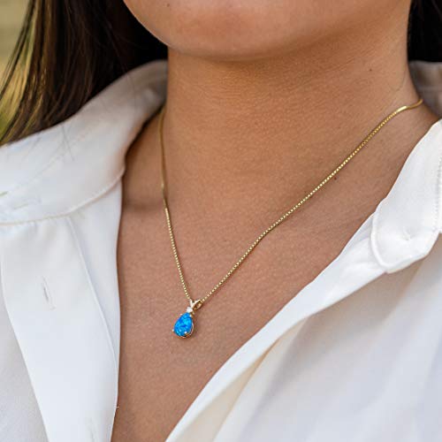 Peora 14K Yellow Gold Created Blue Opal with Genuine Diamond Pendant, Elegant Teardrop Solitaire, Pear Shape, 10x7mm, 1 Carat total - Image 3