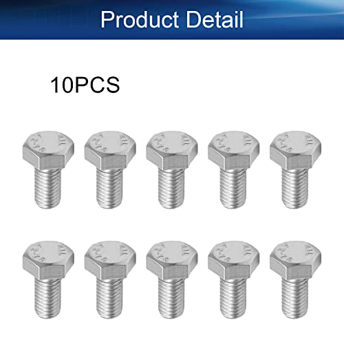 Image of Bettomshin 10Pcs M8 x 16mm Hex Bolts, 304 Stainless Steel 1.25mm Thread Pitch Fully Threaded Metric Hex Head Screw Bolts, Hexagon Screw Bolt, Hex Tap Bolts, Silver, A2-70 (Overall Size 21.3x13x13mm)