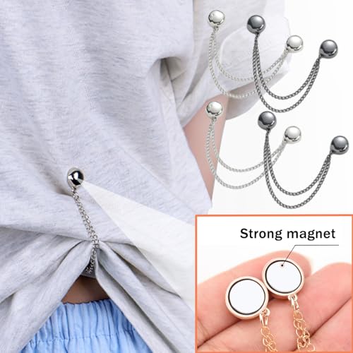 Image of Ouliget Multi-Function Magnetic Clothing Clips,Pinless Brooch Chain Magnetic Buttons Shawl Clips for Hijab, Loose T-Shirt Hems, Sleeves, Collar and Pants Hems,4 Pieces (Silver and Black)