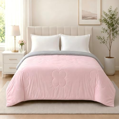 LaffyLo Cooling Blanket for Hot Sleepers, Lightweight Summer Quilt with Breathable Reversible Fabric for Bed, Couch, Dorm and Travel, Machine Washable, Queen Size 90"x90", Ice Pink & Light Grey - image 1