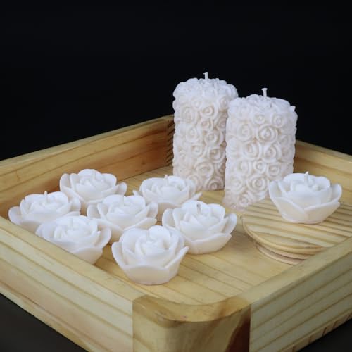 Image of Wax Scented Candles For Home Decor, Coconut Vanilla Fragrance, Pillar And Floating Candles Combo, White Colour, Pack Of 10, 4 X 7 Cm
