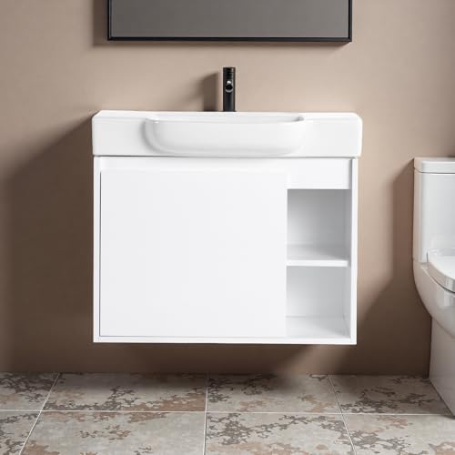 Image of 28 inch Bathroom Vanity with Ceramic Sink, Modern Wall-Mounted Bathroom Vanity with Soft-Close Door & 2 Open Storage Shelves, Farmhouse, Undermount Storage Cabinet, Easy to Clean, Glossy White
