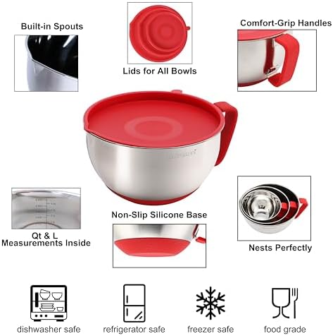 Rorence Mixing Bowls with Lids Set: Stainless Steel Mixing Bowls with Handles, Non-Slip Bottom & Pour Spout - Red, 3 quarts - Thumbnail 5