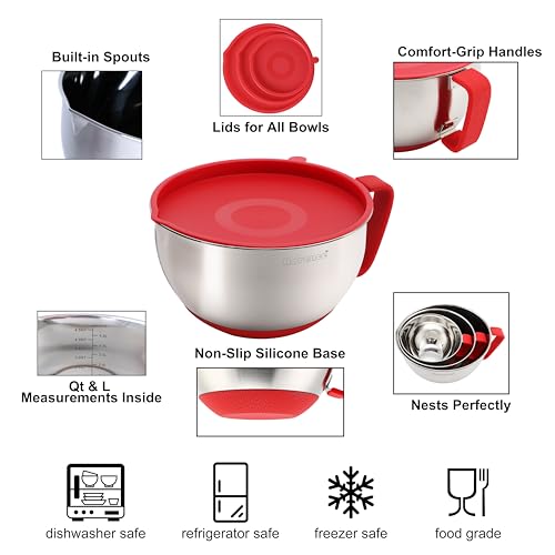 Rorence Mixing Bowls with Lids Set: Stainless Steel Mixing Bowls with Handles, Non-Slip Bottom & Pour Spout - Red, 3 quarts