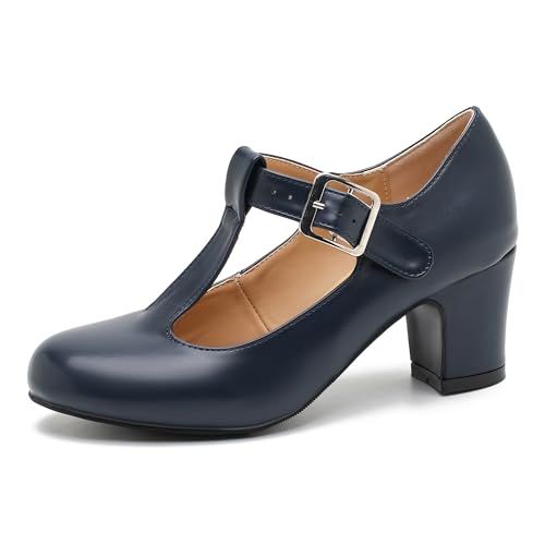 Women's T-Strap Mary Jane Pumps Round Closed Toe Comfortable Low Chunky Block Heel Wedding Dress Evening Party Shoes Navy Matte 44-11US