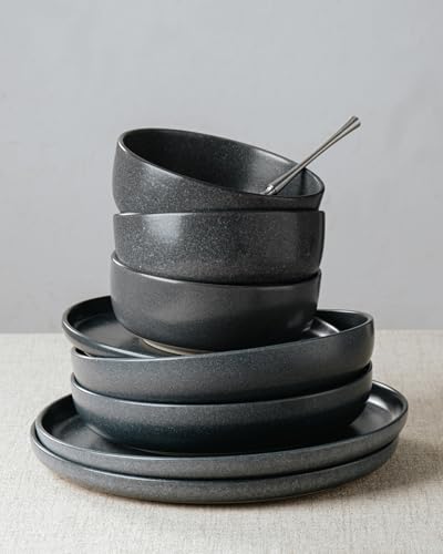 Image of Famiware Milkyway Stoneware Dinnerware Sets with Mugs, Service for 4 (16 Pieces), Reactive Glaze Plates and Bowls Sets, Microwave and Dishwasher Safe Dishes Set, Matte Dark Charcoal