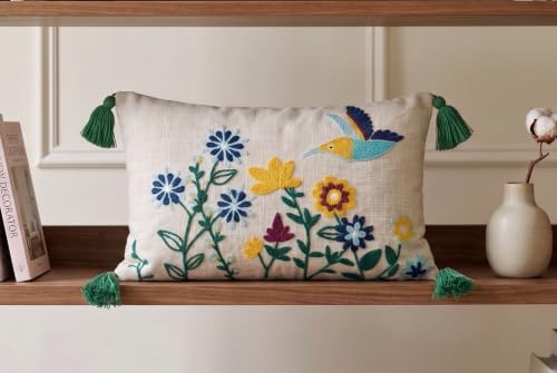 Image of Furnistitchs Boho Rectangle Cushion Cover 12x20 inches | Handmade Decorative Throw Pillow Case | Bohemian Home Decor Sofa Bed Cushion Cover Living Room Bedroom (1, Natural Bird, 12x20 inches)