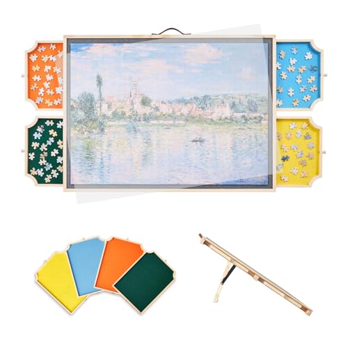 VEVOR Planche de Puzzle 1000 Pièces, Table de Puzzle en Bois 735x535 mm, Plateau Casse-Tête Rotatif Portable, avec 4 Tiroirs Colorés et Couverture, Réglable à 2 Angles d'Inclinaison, Amateurs