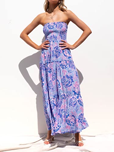 Image of ZESICA Women's Summer Boho Strapless Maxi Dress 2026 Casual Off Shoulder Smocked Flowy A Line Beach Holiday Long Dresses