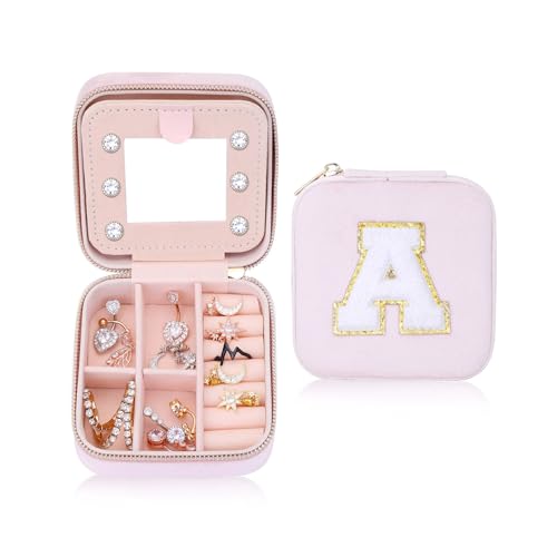 Plush Velvet Jewelry Box | Small Jewelry Travel Case Organizer with Mirror | Sewing Chenille Letter Patches Jewelry Box | Best Gifts For Daughter, Girlfriend, Mom | Gifts For Her (Pink, Letter A)