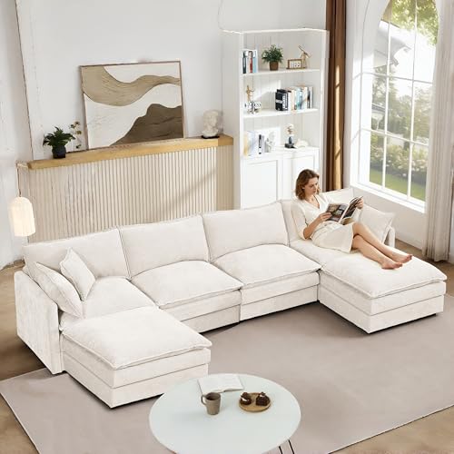 Image of 106.3 inch U Shaped Modular Sectional Sofa, Comfy Upholstery Chenille Cloud Couch with Ottoman, Modern 4-Seat Deep Seat Sofa with Pillow for Living Room, Bedroom, Apartment, Beige White
