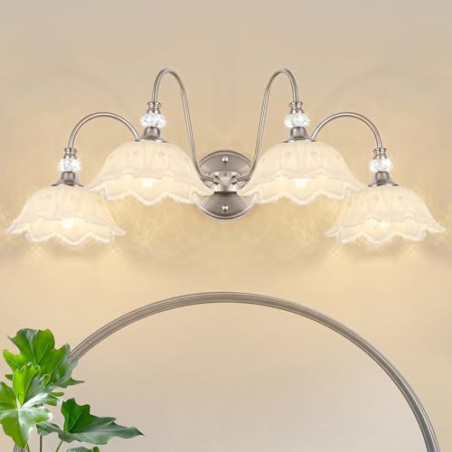 Image of Brushed Nickel Bathroom Vanity Light, 4-Light Vanity Light with Floral White Glass Shades, Brushed Nickel Wall Mount Lighting for Bathroom, Dressing Table