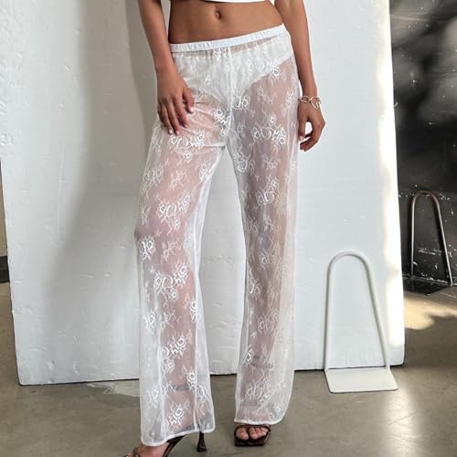 Women Y2K Floral Lace Sheer Mesh Flare Pants See Through Elastic High Waisted Long Trousers Sexy Hollow Out Clubwear2